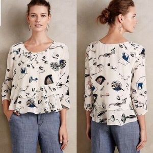 EUC MAEVE (anthro) silk top, white w/print, sz 2